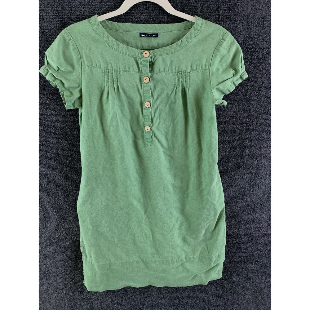 Gap Tunic Dress Regular Puff Sleeve Y2K Linen Blend Cotton 2000s Green